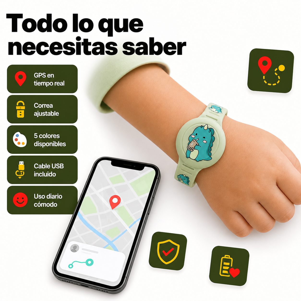 Pulsera GPS para niños en uso mostrando funciones de localización y compatibilidad con smartphone