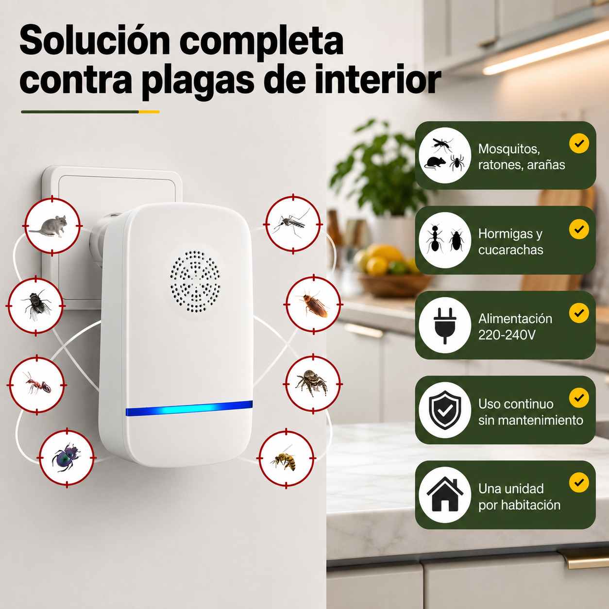 Repelente ultrasónico en uso mostrando cobertura interior y especificaciones de funcionamiento contra múltiples plagas