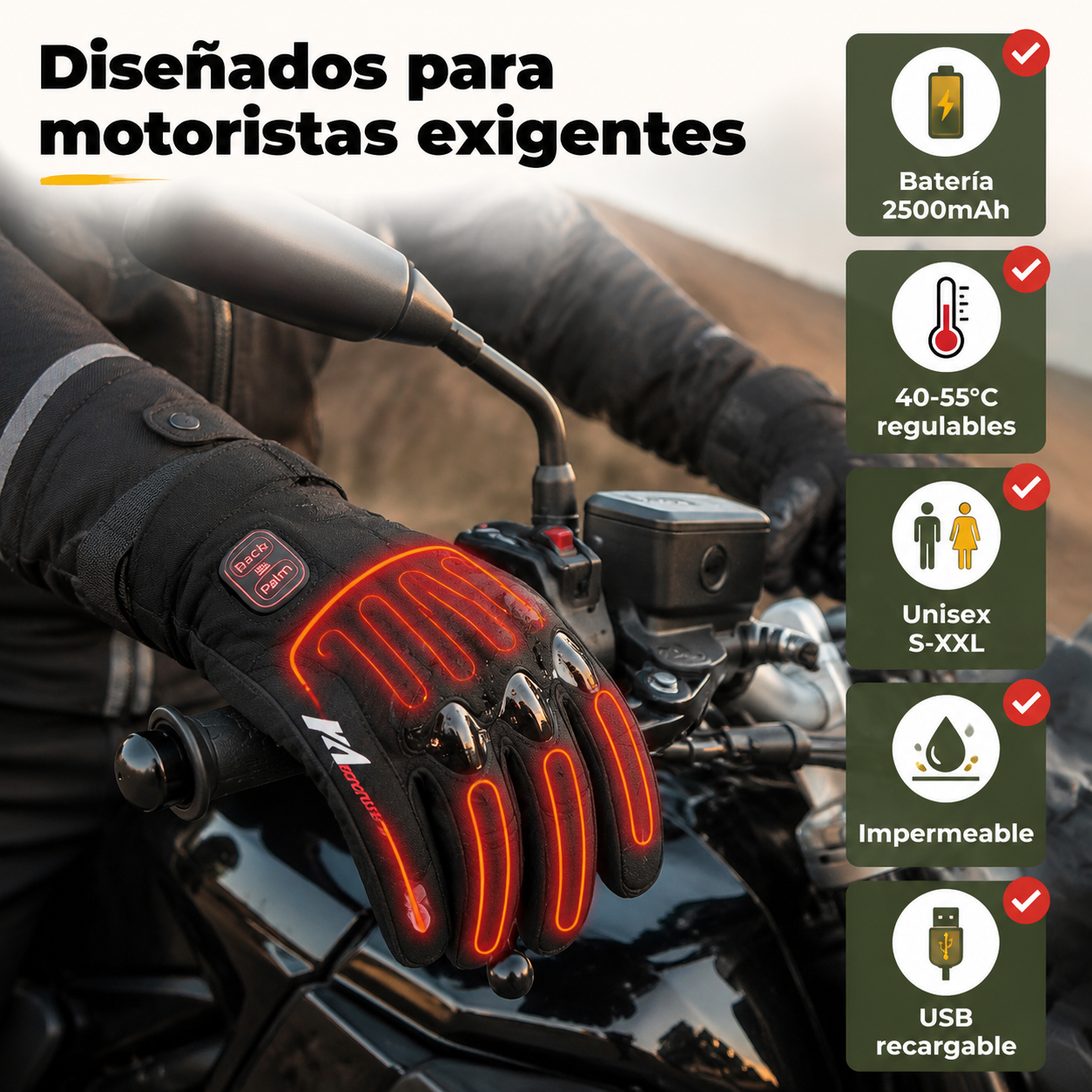 Guantes calefactables en uso mostrando especificaciones técnicas: autonomía de batería, niveles de temperatura y certificaciones