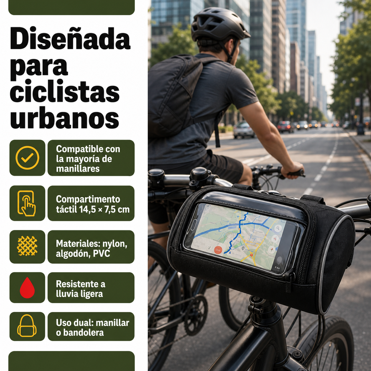 Bolsa de manillar para bicicleta en uso mostrando compatibilidad, capacidad de almacenamiento y protección contra salpicaduras