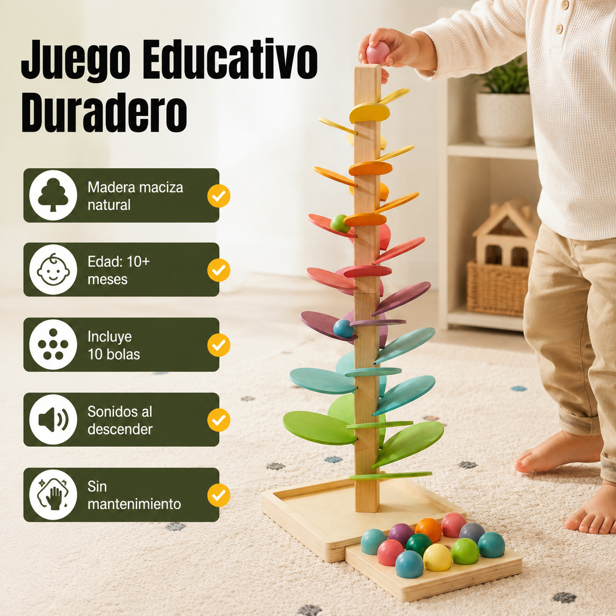Torre de bolas sonora en uso mostrando capacidades: edad recomendada, material natural, sonidos melódicos y coordinación motriz