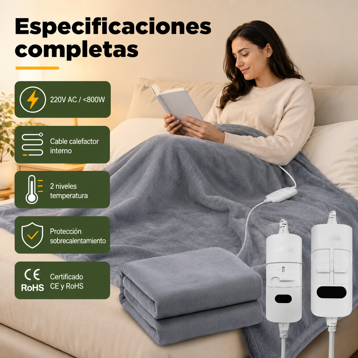 Manta eléctrica en uso mostrando compatibilidad con camas y especificaciones técnicas