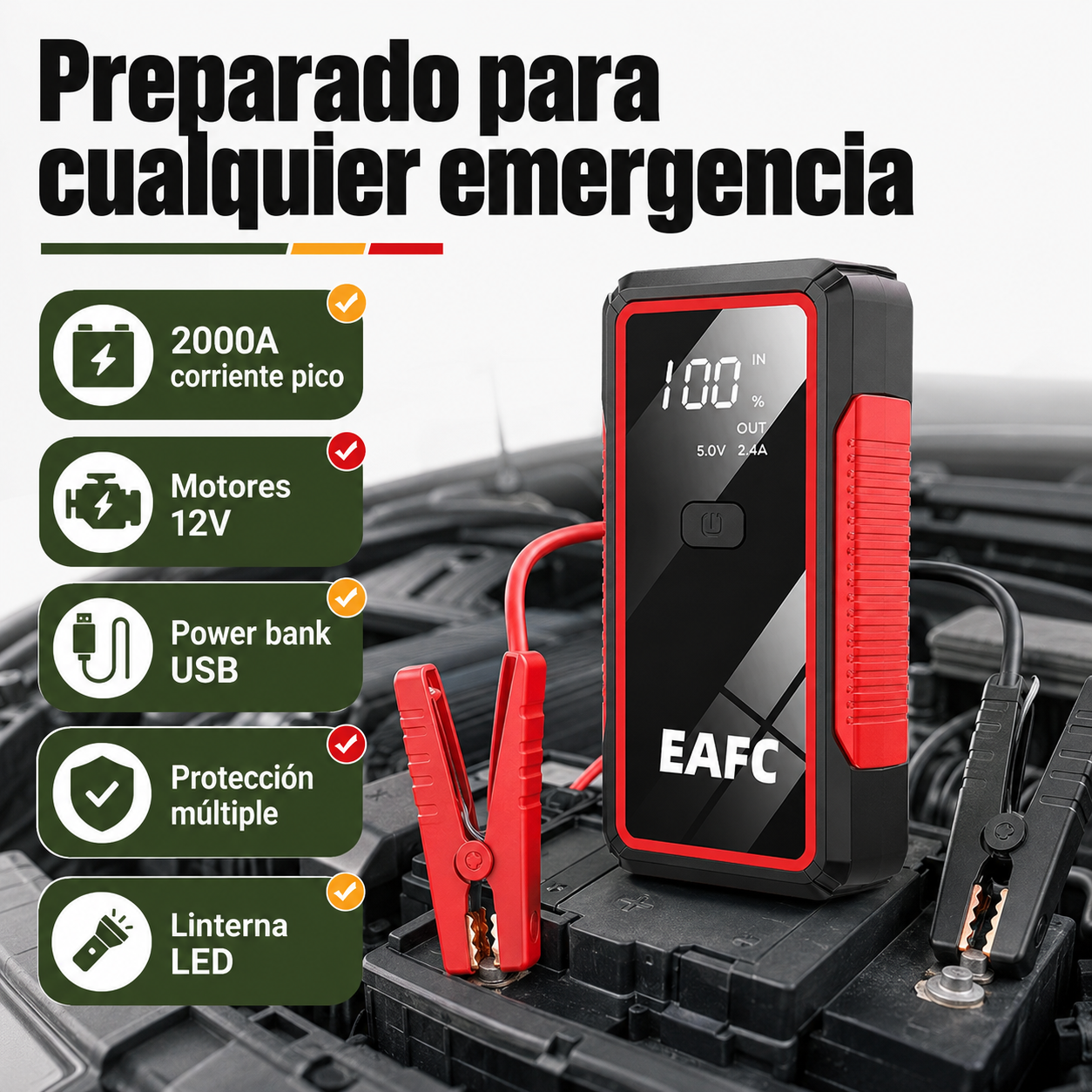Arrancador de coche en uso conectado a batería de vehículo con especificaciones de corriente y compatibilidad