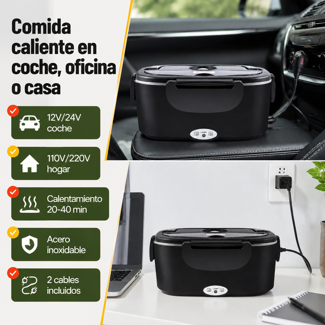 Fiambrera eléctrica en uso mostrando compatibilidad con coche y hogar, especificaciones de voltaje y capacidad