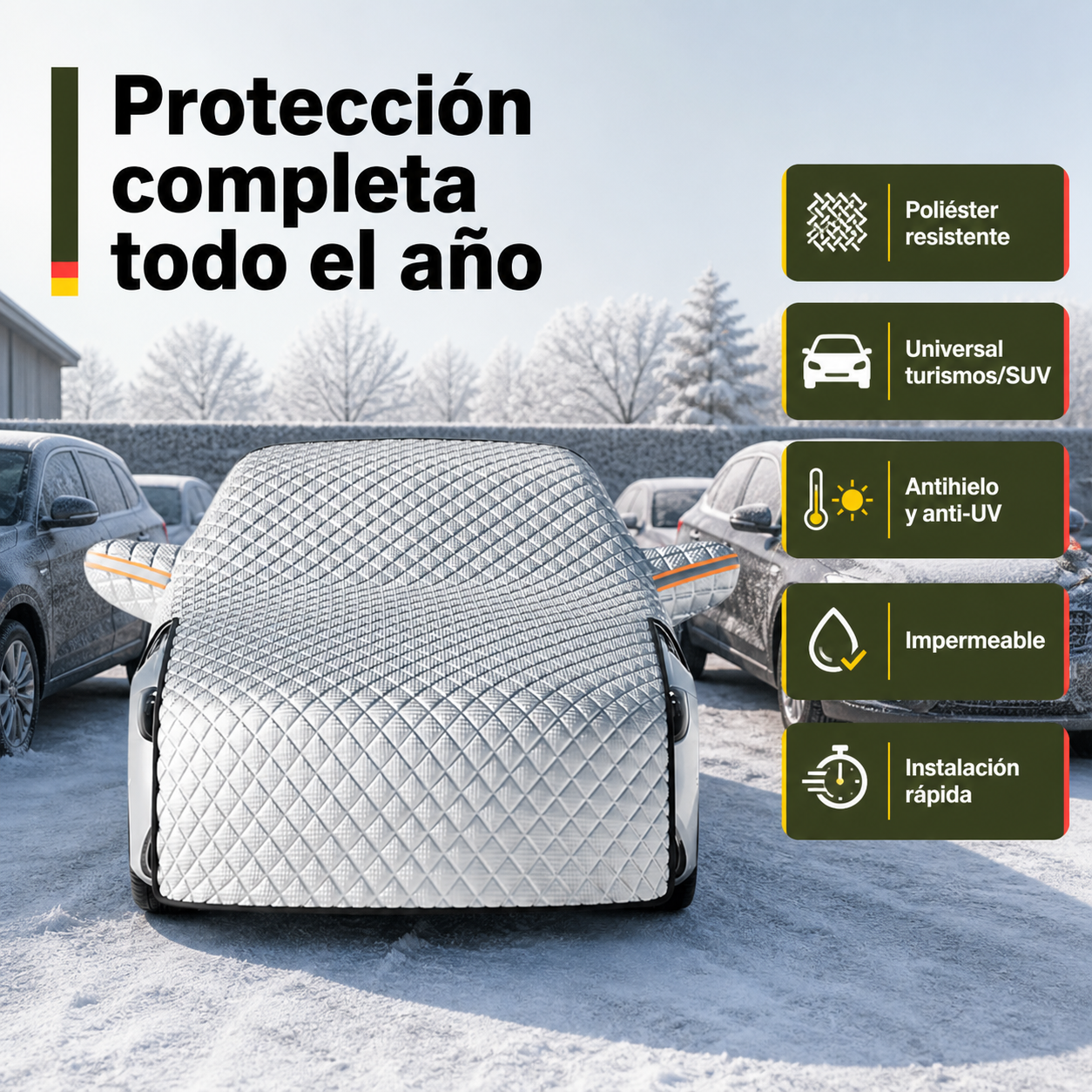 Cubierta parabrisas instalada en coche mostrando compatibilidad con turismos y SUV con iconos de especificaciones