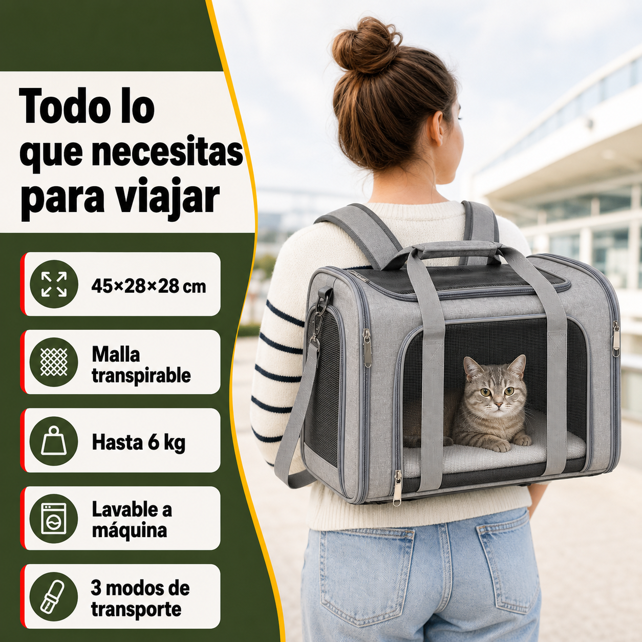 Transportín para mascotas en uso mostrando los tres sistemas de transporte y especificaciones de dimensiones y peso