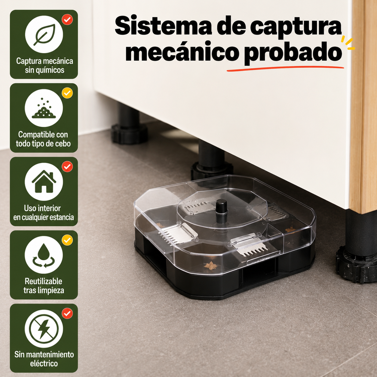 Trampa para cucarachas en uso bajo mueble de cocina con especificaciones de compatibilidad y método de captura mecánico