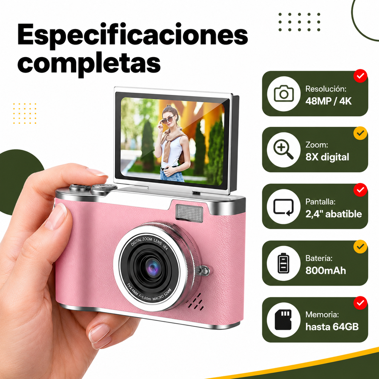 Cámara digital 4K en uso mostrando especificaciones: resolución 48MP, vídeo 4K, zoom 8X, autonomía 3-4 horas