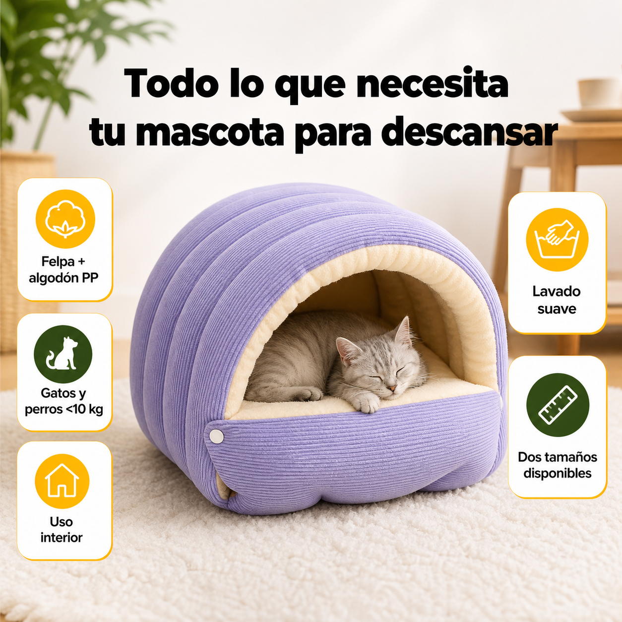Cama cueva de felpa en uso mostrando especificaciones de tamaño y materiales