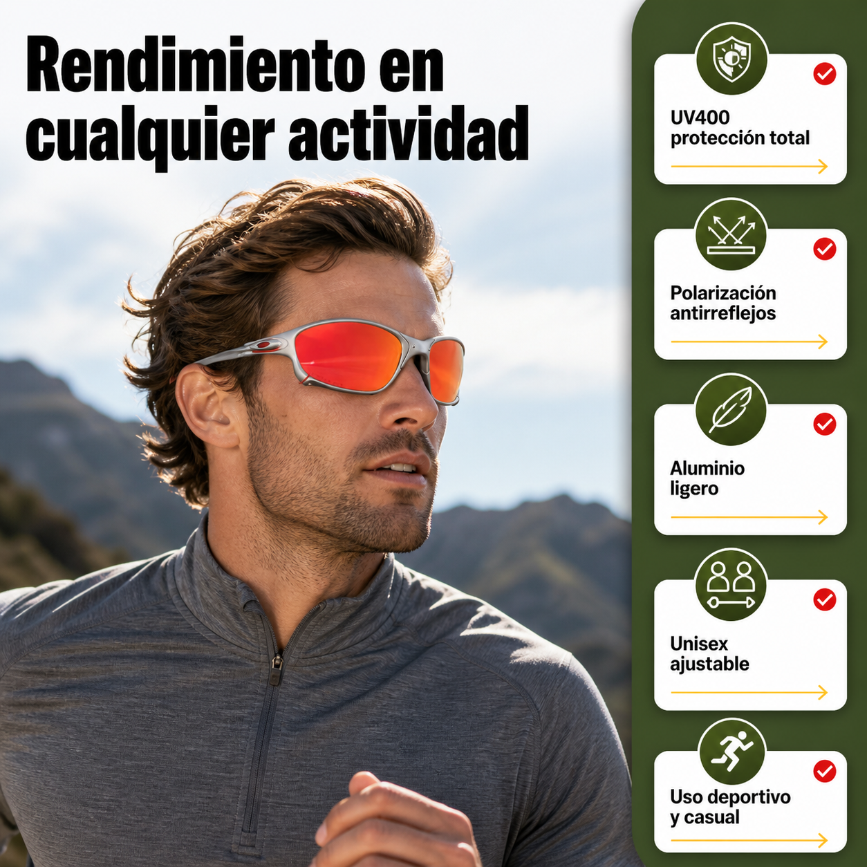 Gafas de sol deportivas polarizadas en uso mostrando características técnicas y compatibilidad para actividades al aire libre