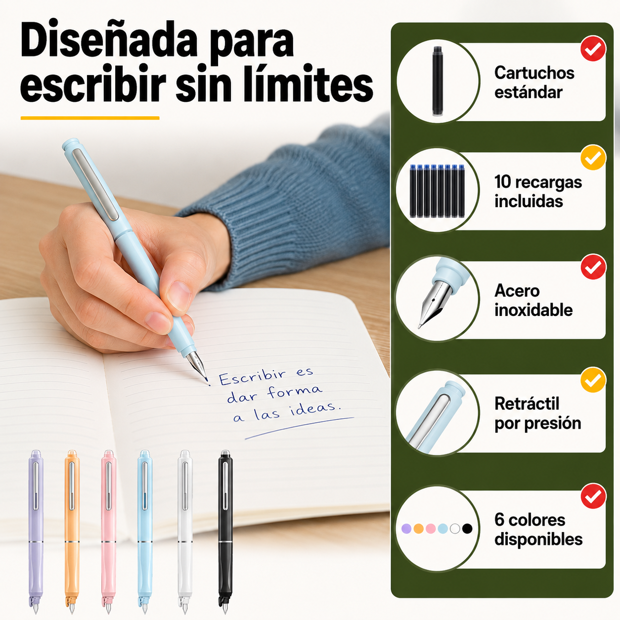Pluma estilográfica retráctil en uso con especificaciones de compatibilidad y recarga