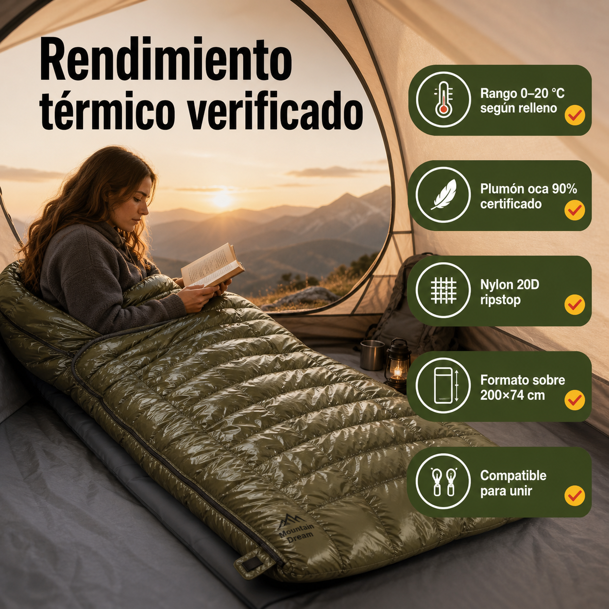 Saco de dormir de plumón abierto en tienda de campaña con especificaciones de peso y temperatura