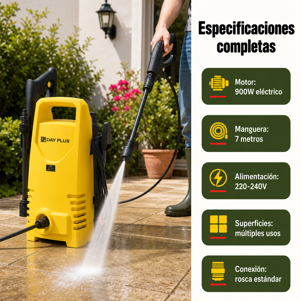 Hidrolimpiadora eléctrica en uso limpiando terraza con indicadores de especificaciones: 900W, 7m manguera, múltiples superficies, conexión rápida