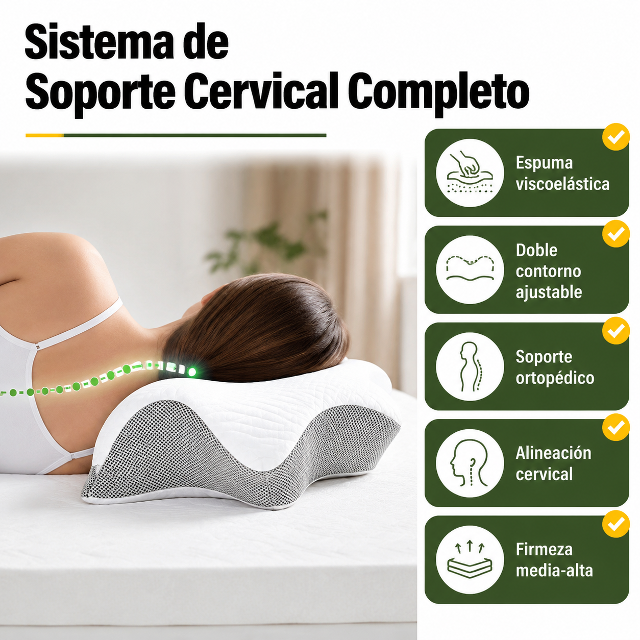 Vista general de la almohada cervical ortopédica en uso con especificaciones de soporte y características ergonómicas