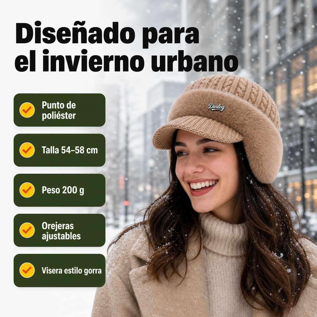 Gorro trapper en uso mostrando cobertura de orejeras, visera, talla universal y peso de 200 g