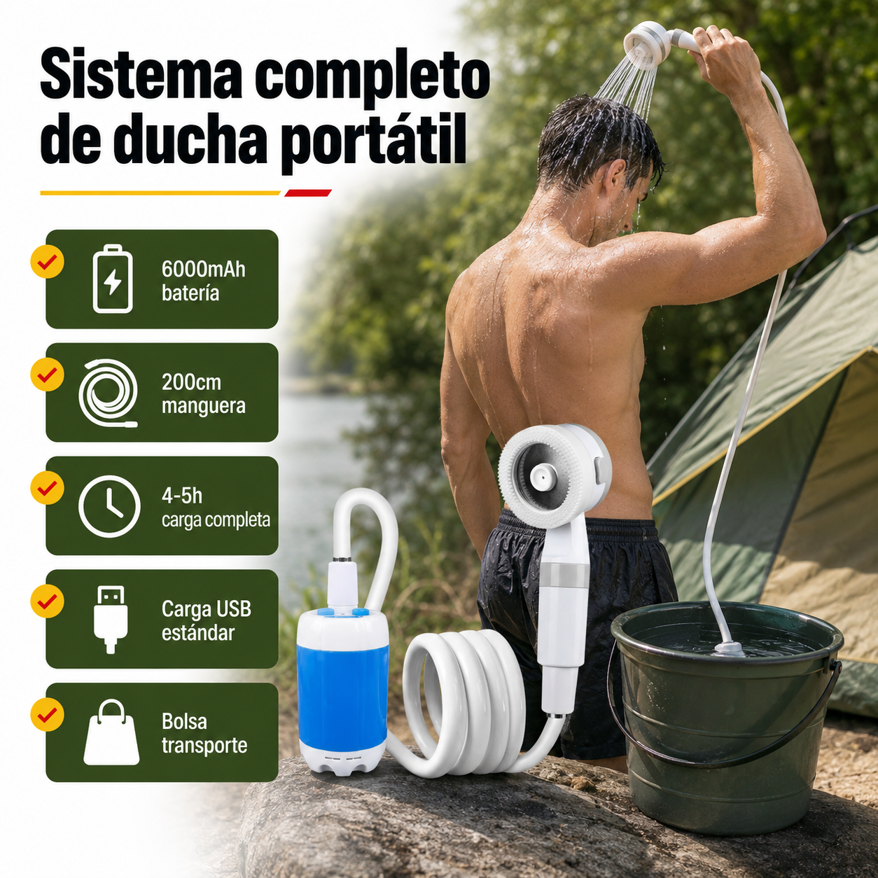 Bomba de ducha portátil en uso con especificaciones: 6000mAh, 200cm manguera, 60-70min autonomía