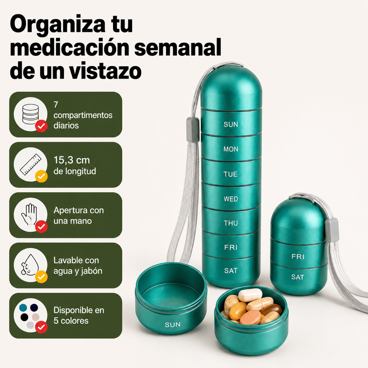 Pastillero semanal abierto mostrando los 7 compartimentos con especificaciones de capacidad y uso diario