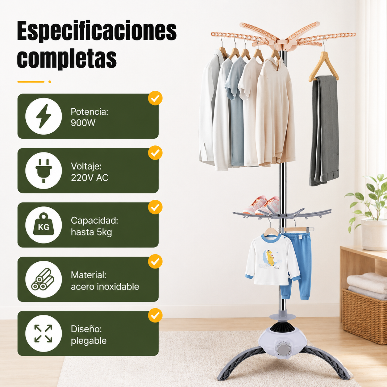 Panel de capacidades del tendedero eléctrico mostrando especificaciones de potencia y carga