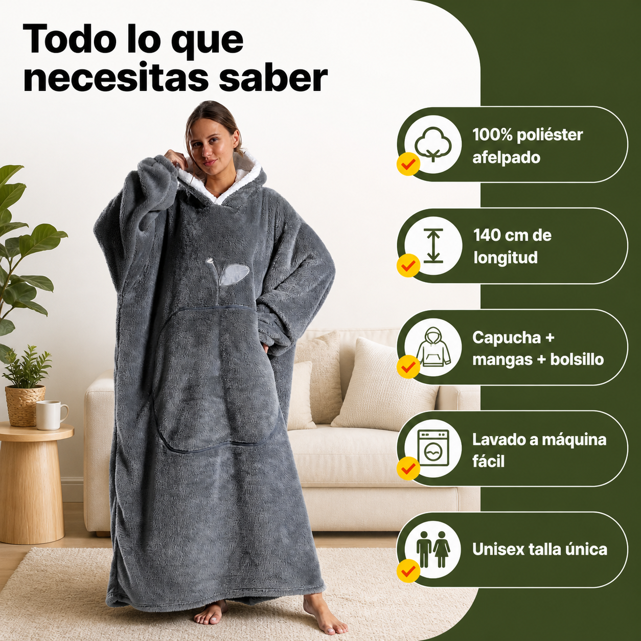 Manta con capucha en uso mostrando mangas, capucha, bolsillo y longitud de 140 cm