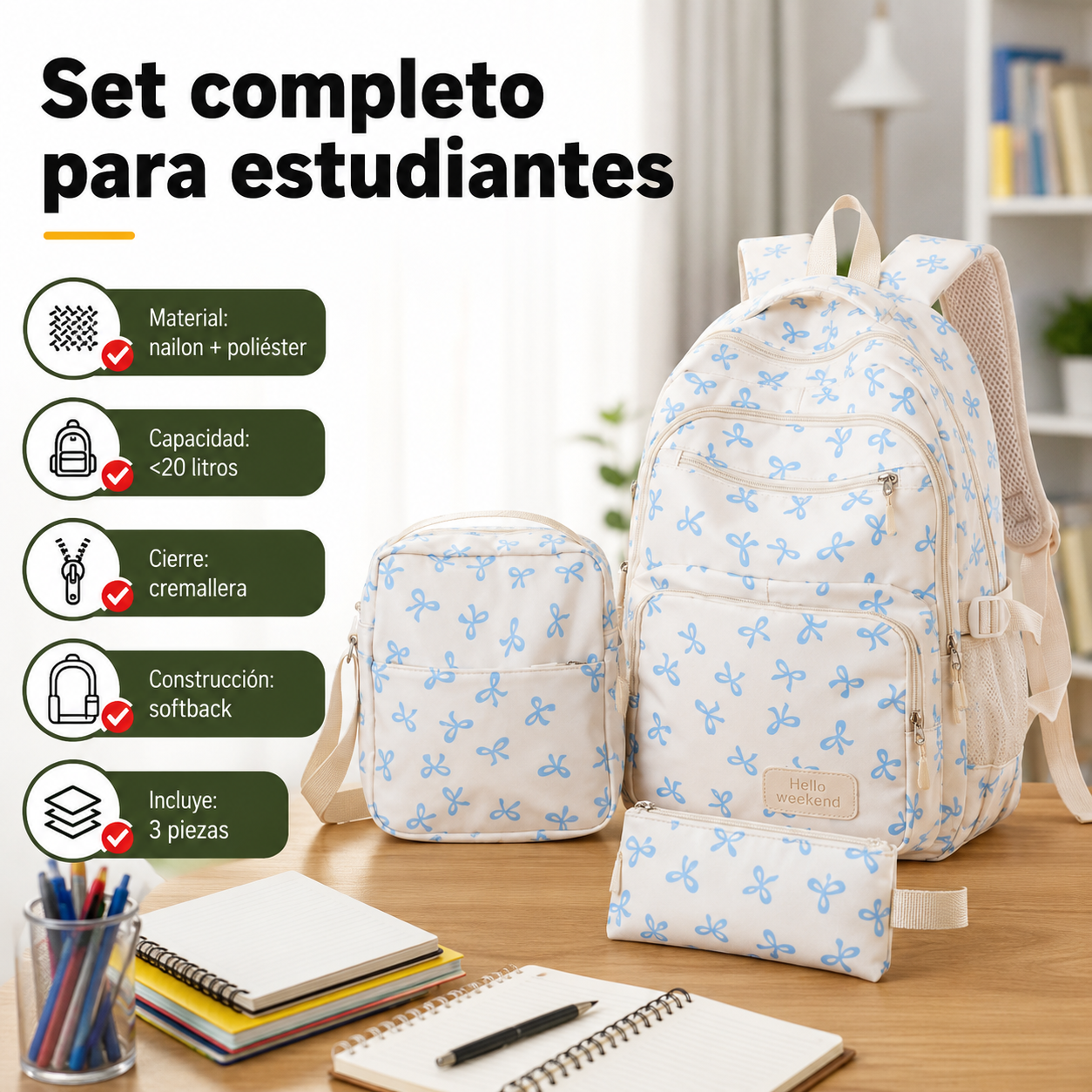 Set completo de mochila escolar de nailon en uso mostrando sus tres componentes y especificaciones de capacidad