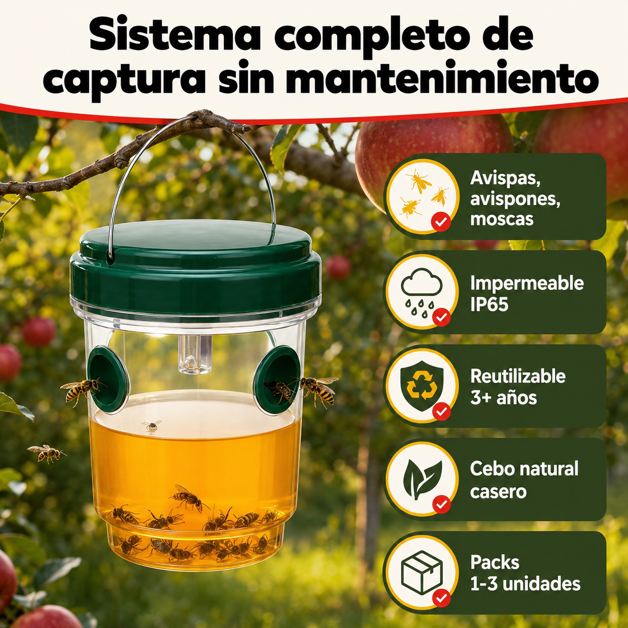 Trampa para avispas en uso mostrando compatibilidad con diferentes cebos y capacidad de captura