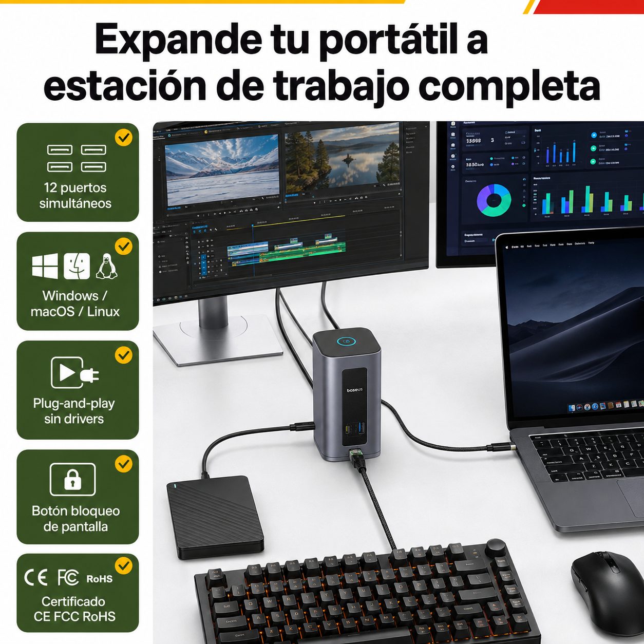 Hub USB-C conectado a portátil con dos monitores externos, teclado y periféricos en uso