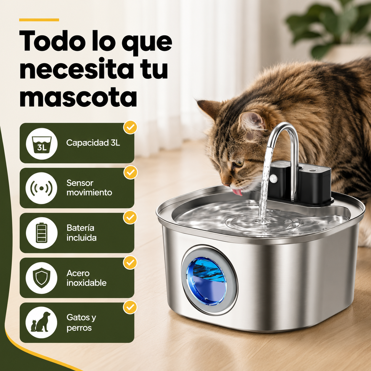 Fuente de agua para gatos de 3 litros en uso mostrando capacidad, sensor automático y material higiénico