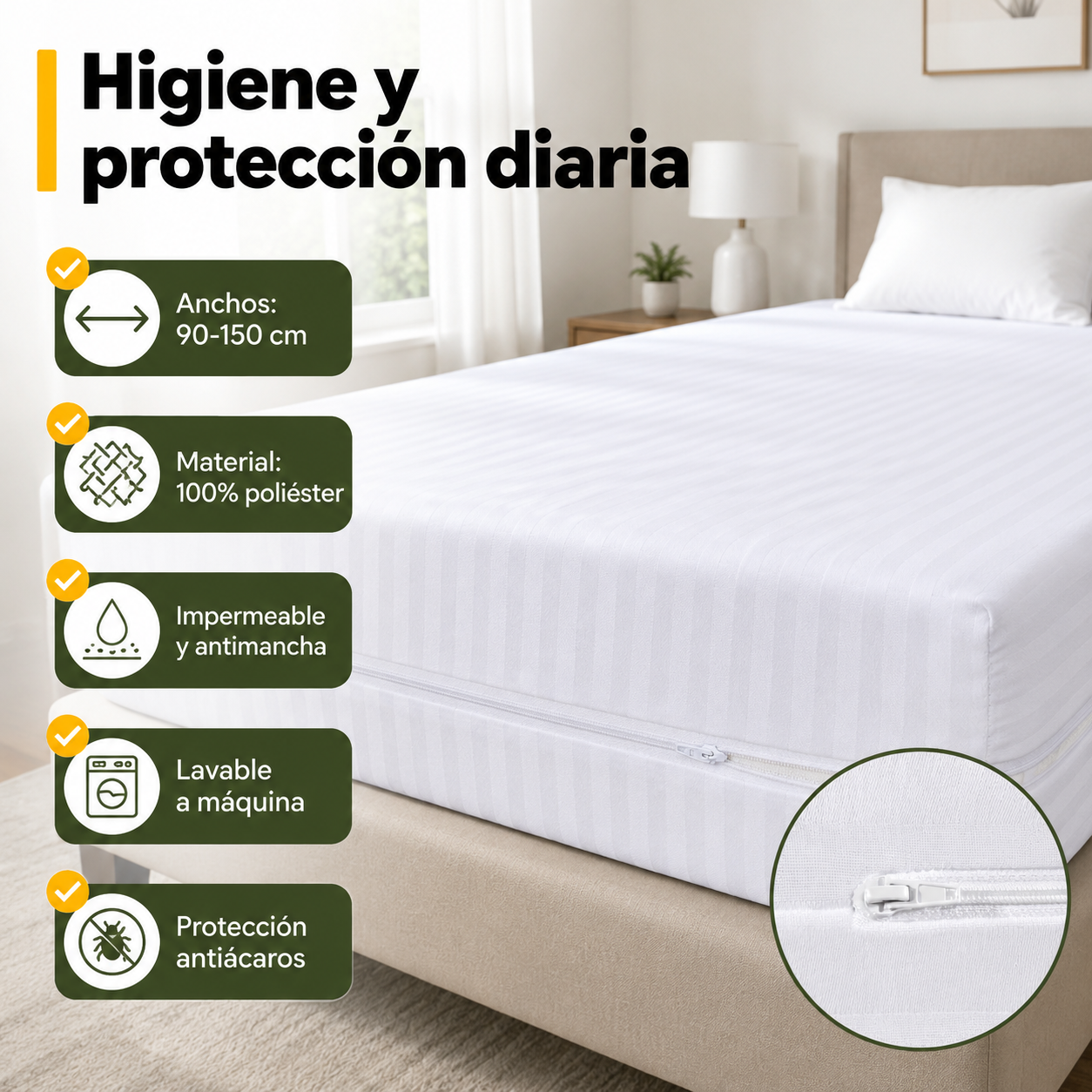 Funda de colchón en uso mostrando compatibilidad con diferentes anchos y propiedades de protección