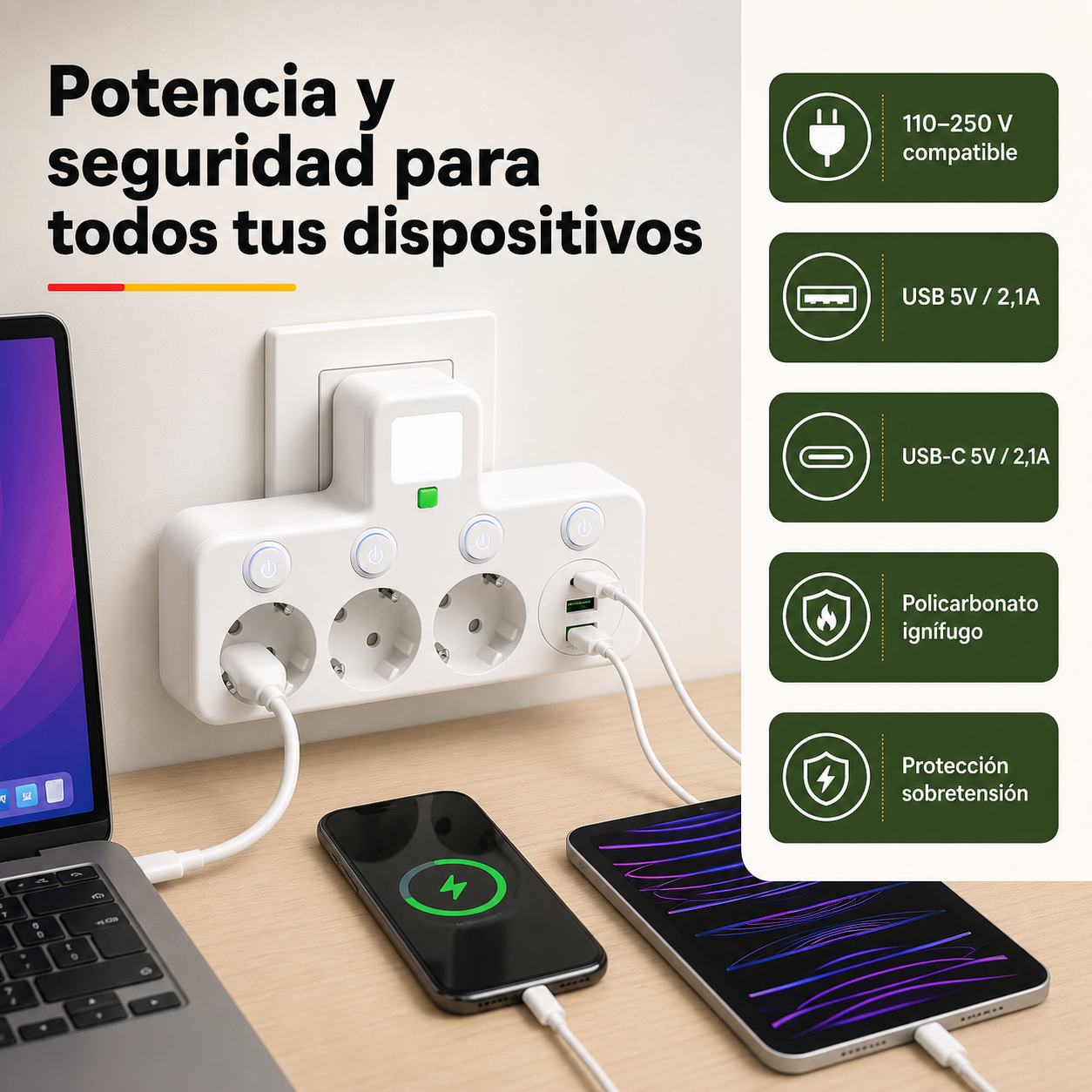 Regleta en uso con múltiples dispositivos conectados: ordenador portátil, smartphone cargando y lámpara encendida