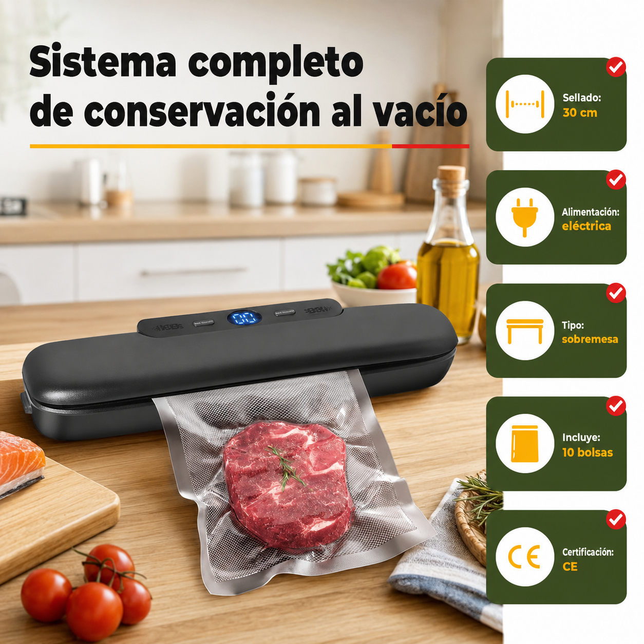 Envasadora al vacío en uso mostrando compatibilidad con diferentes tipos de bolsas y alimentos