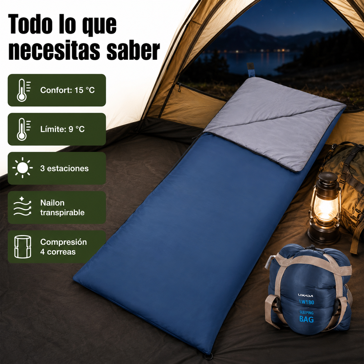 Saco de dormir desplegado mostrando especificaciones de temperatura y compatibilidad