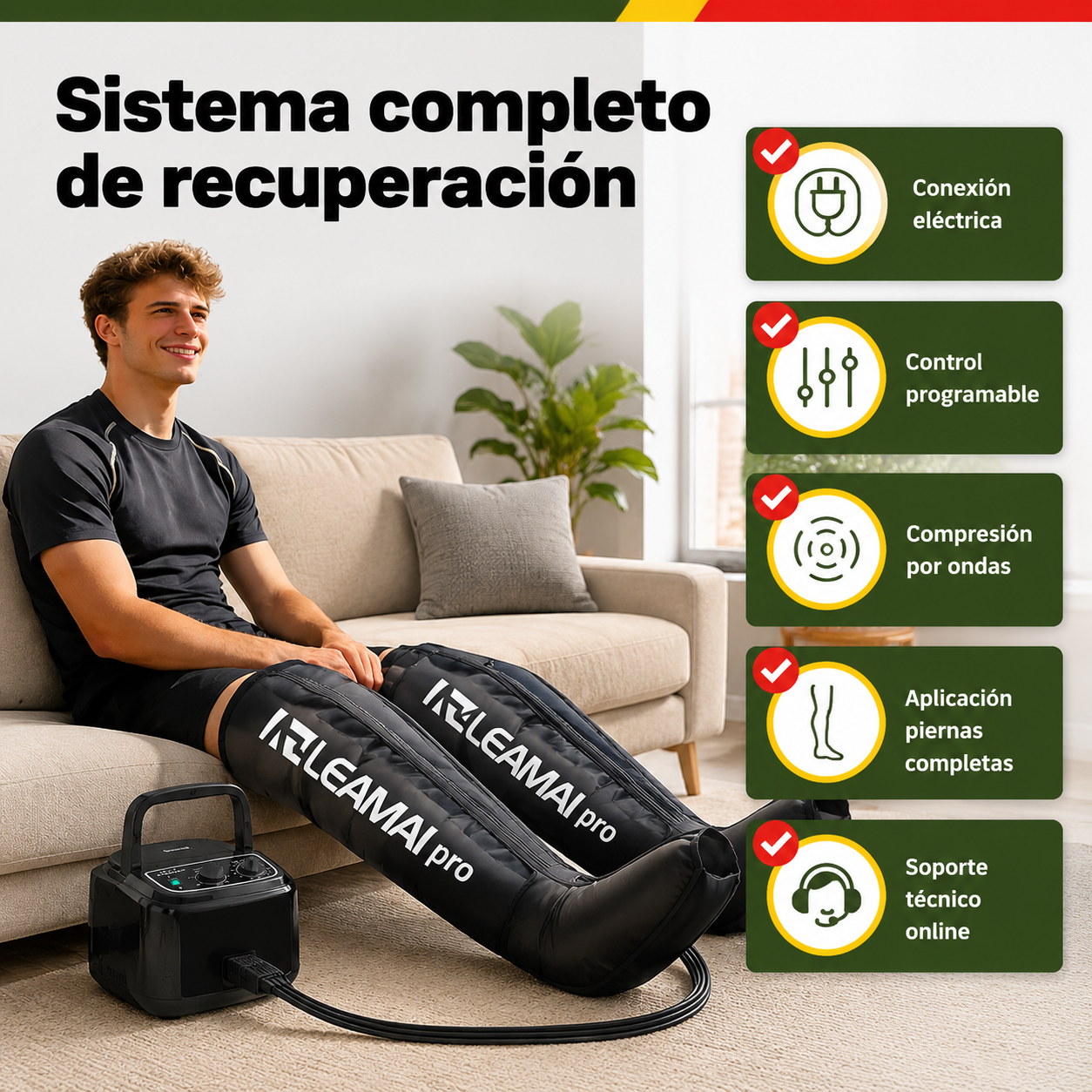 Sistema completo de botas de compresión de aire con panel de control y especificaciones técnicas