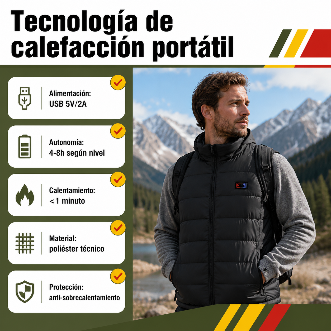 Vista general del chaleco térmico eléctrico en uso mostrando zonas de calefacción activas y especificaciones técnicas