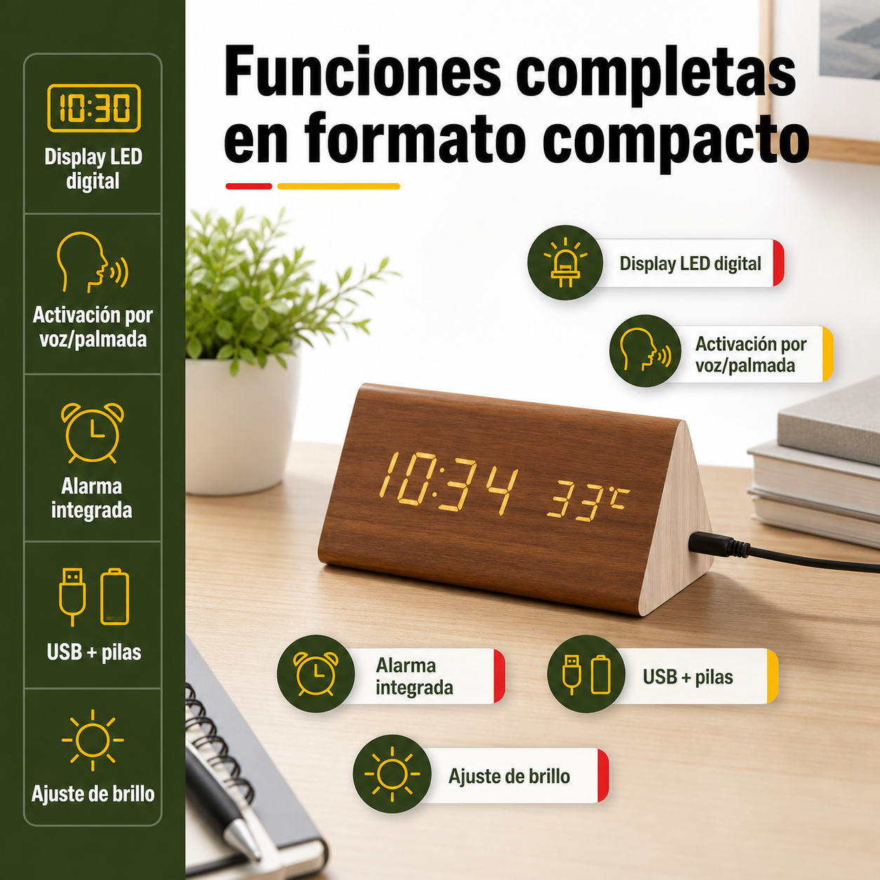 Reloj despertador LED de madera en uso mostrando el display activado, conexión USB y función de alarma en entorno de dormitorio