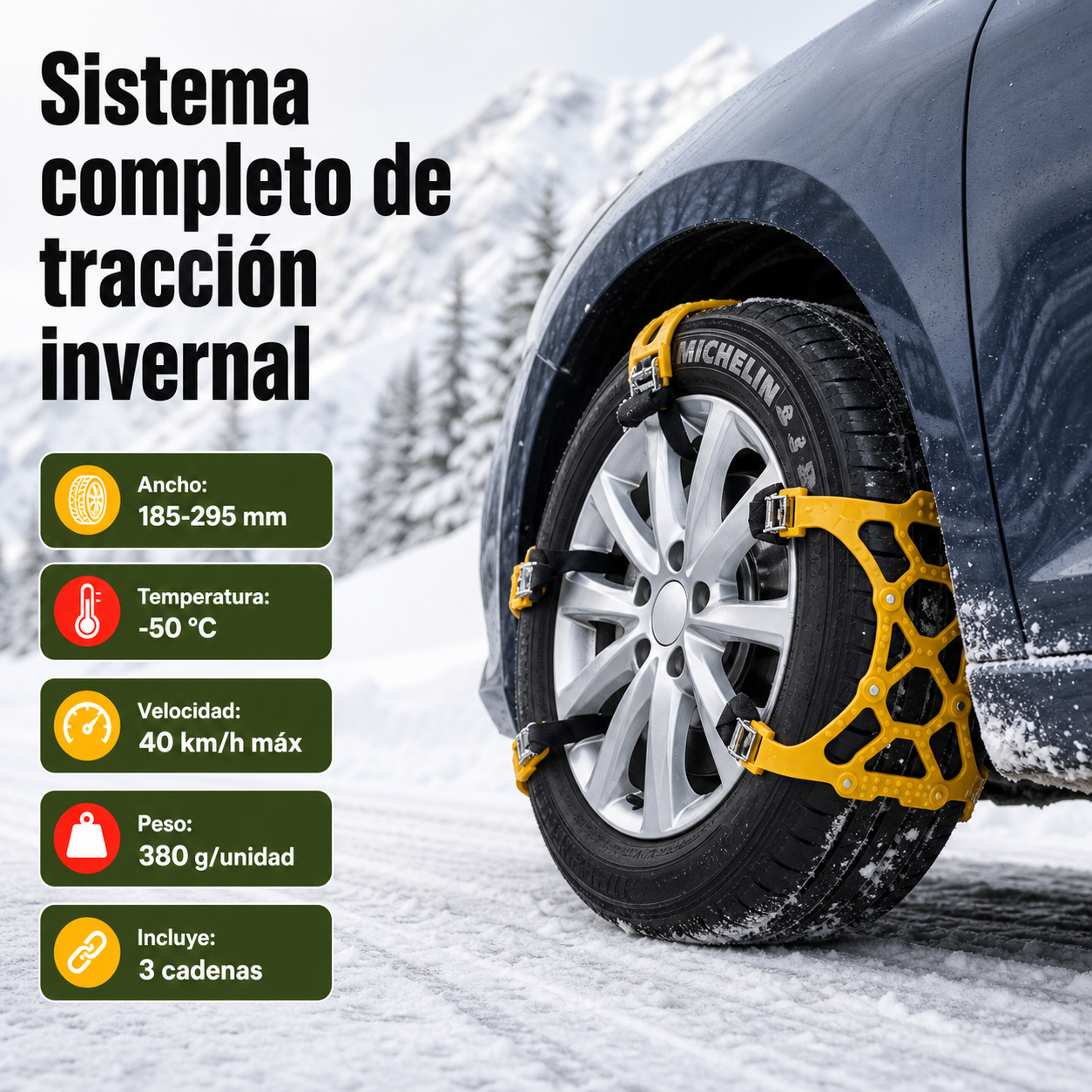 Panel de capacidades de las cadenas de nieve en uso sobre nieve, con especificaciones de ancho compatible, temperatura, velocidad y peso