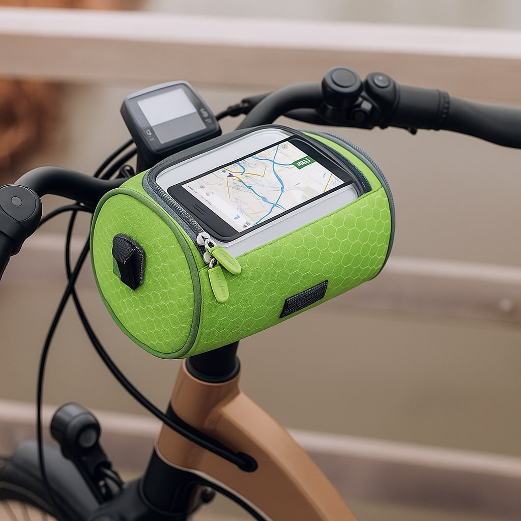 Bolsa de manillar para bicicleta con pantalla táctil transparente y compartimento impermeable — Verde