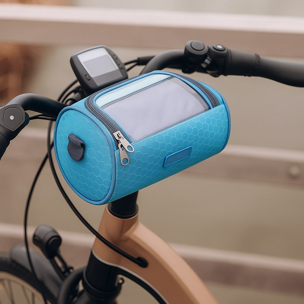 Bolsa de manillar para bicicleta con pantalla táctil transparente y compartimento impermeable — Azul claro