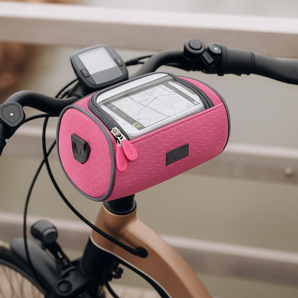 Bolsa de manillar para bicicleta con pantalla táctil transparente y compartimento impermeable — Rosa