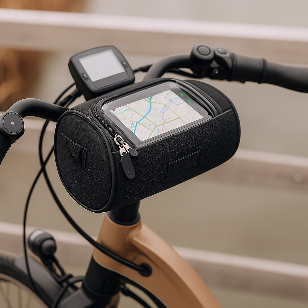 Bolsa de manillar para bicicleta con pantalla táctil transparente y compartimento impermeable — Negro