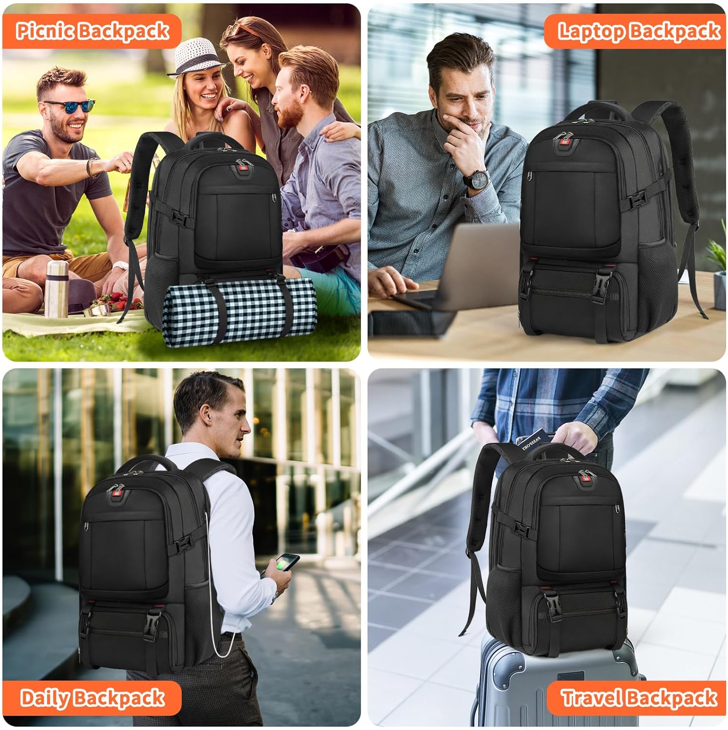 Mochila de Viaje Extra Grande para Almuerzo y Portátil con Puerto de Carga USB