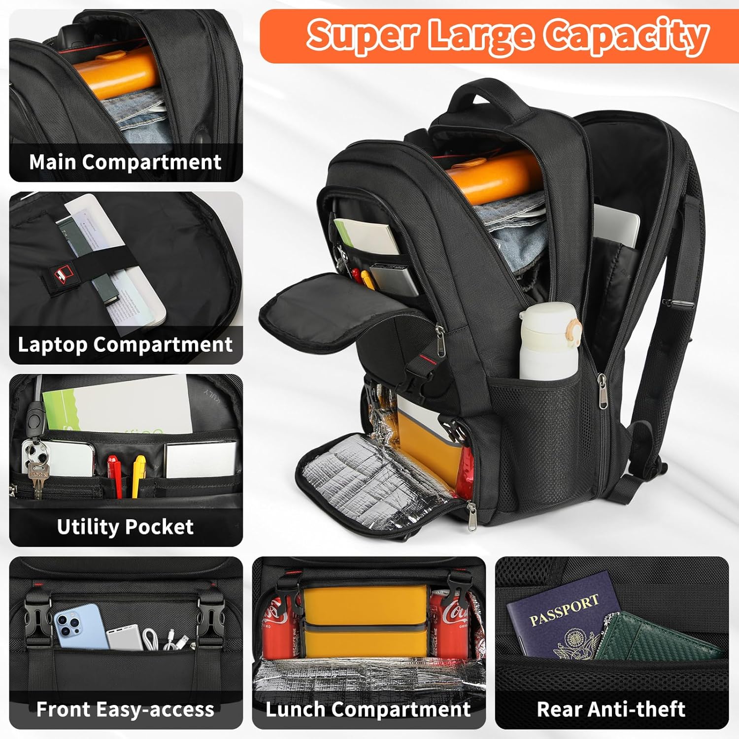 Mochila de Viaje Extra Grande para Almuerzo y Portátil con Puerto de Carga USB