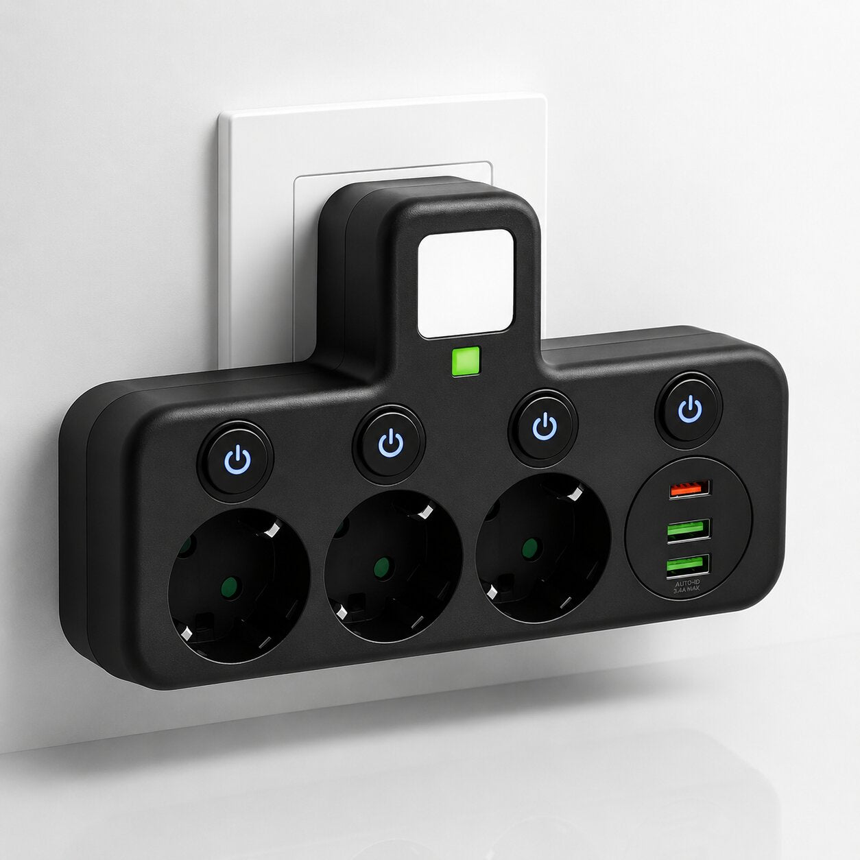 Regleta de 3 enchufes con USB y USB-C, interruptor LED y protección contra sobretensión — Negro