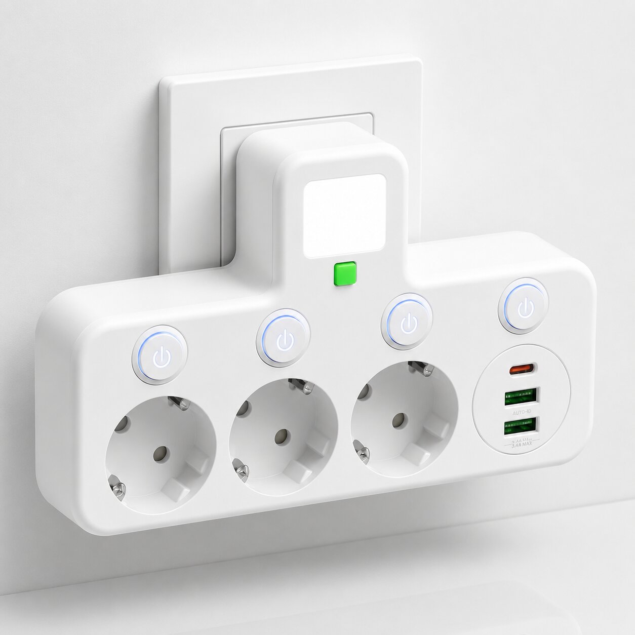 Regleta de 3 enchufes con USB y USB-C, interruptor LED y protección contra sobretensión — Blanco