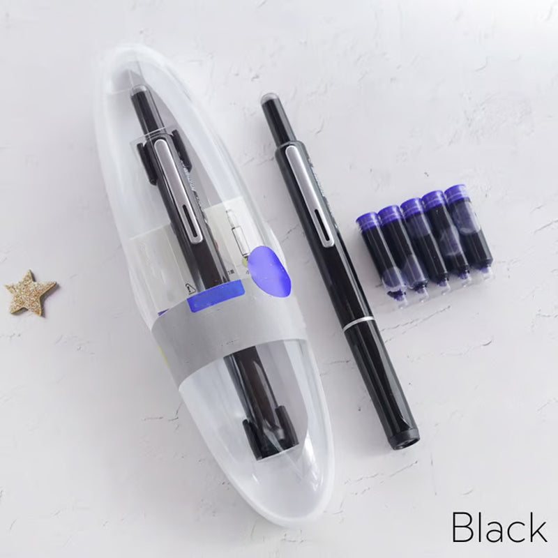 Pluma estilográfica retráctil con mecanismo de presión y flujo de tinta continuo — Negro