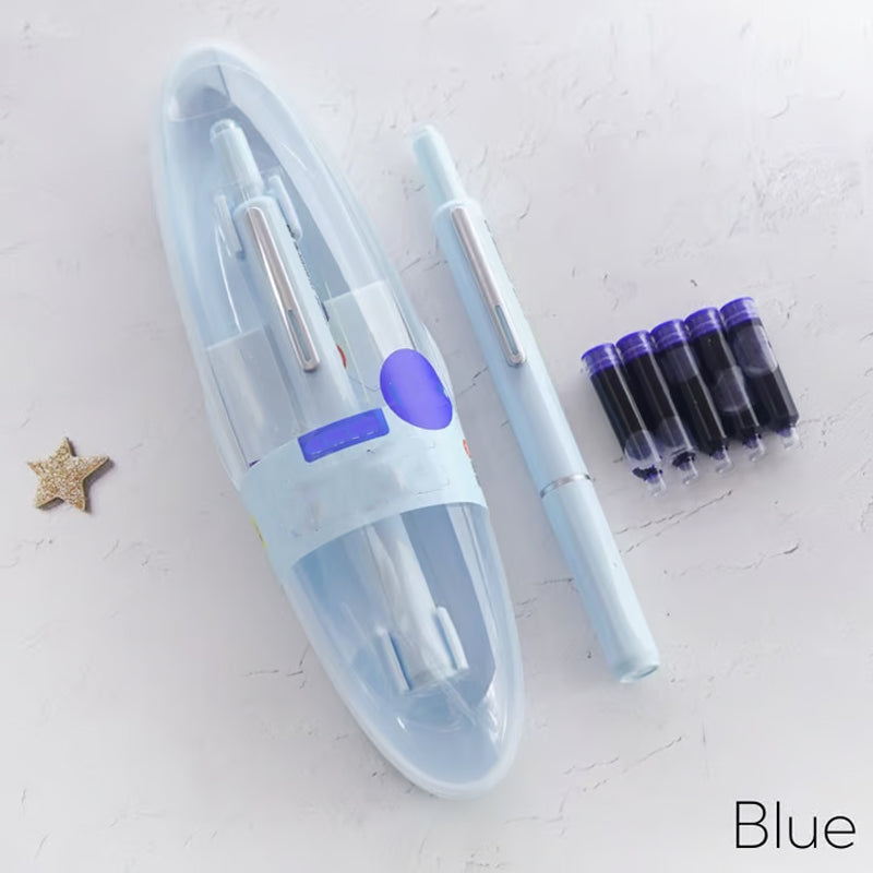 Pluma estilográfica retráctil con mecanismo de presión y flujo de tinta continuo — Azul
