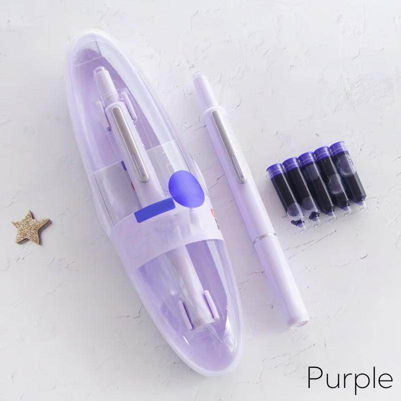 Pluma estilográfica retráctil con mecanismo de presión y flujo de tinta continuo — Violeta