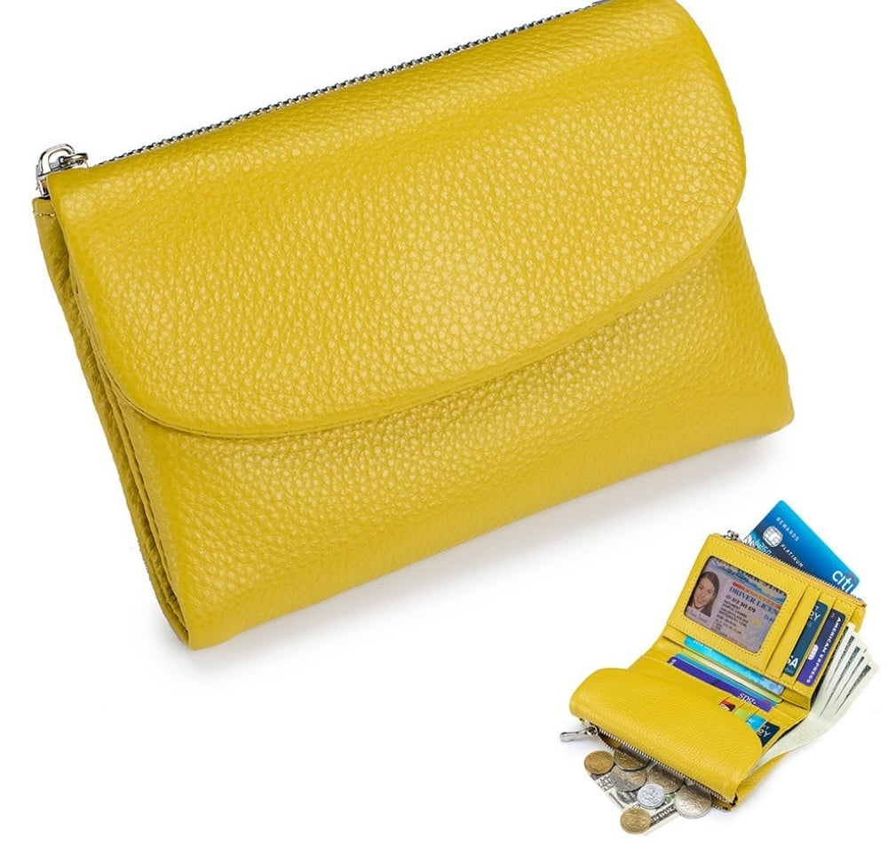 Cartera de piel compacta con protección RFID y doble compartimento para monedas — Amarillo