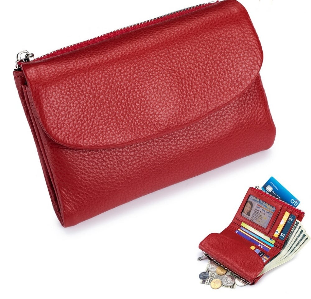 Cartera de piel compacta con protección RFID y doble compartimento para monedas — Rojo