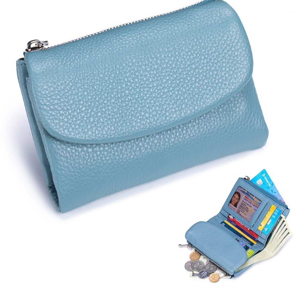 Cartera de piel compacta con protección RFID y doble compartimento para monedas — Azul lino