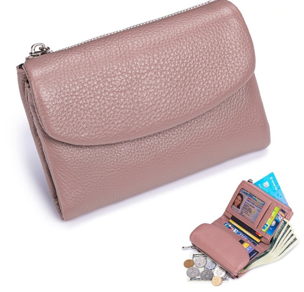 Cartera de piel compacta con protección RFID y doble compartimento para monedas — Rosa